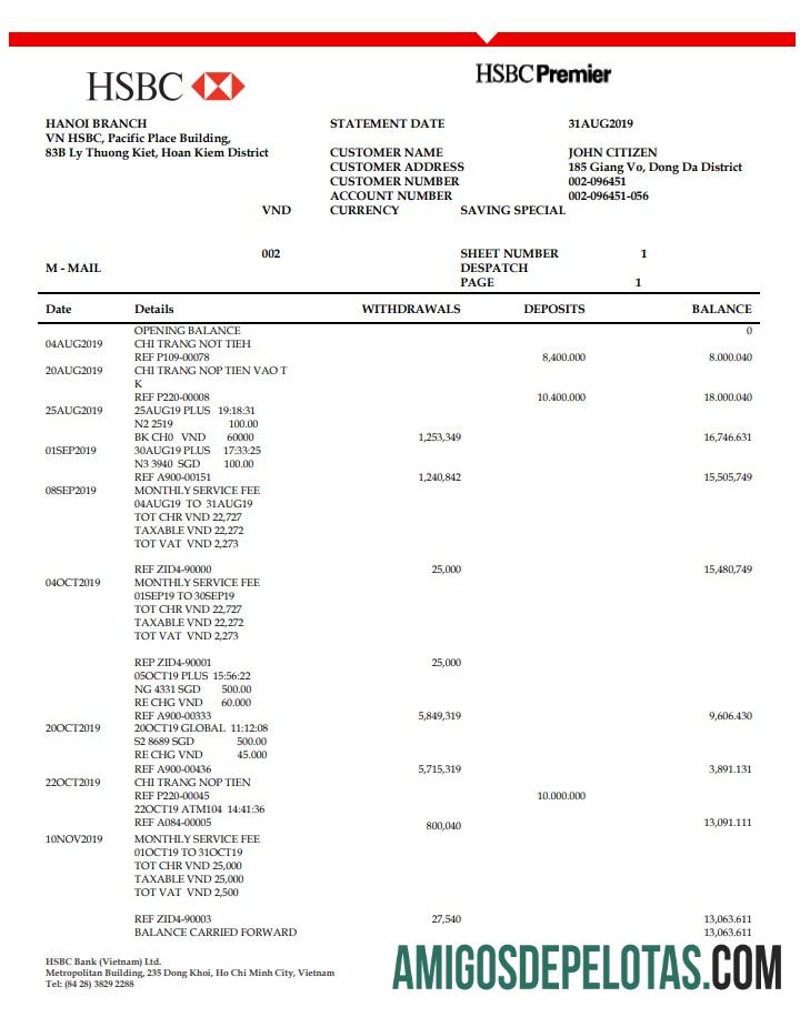 Vietnam HSBC modelo de extrato bancário